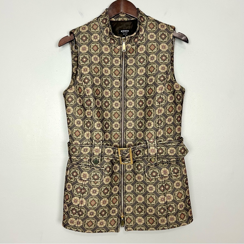 Worth Mock-Neck Belted Vest Women’s Size 10 Geometric Pockets Zip Front Luxury
